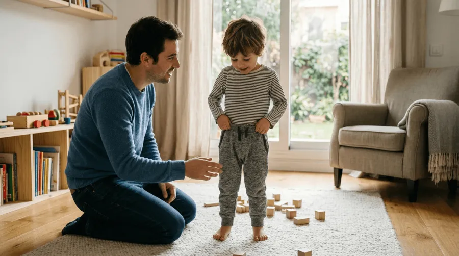 Un padre arrodillado sonríe a su hijo, de pie sobre una alfombra con bloques de madera.