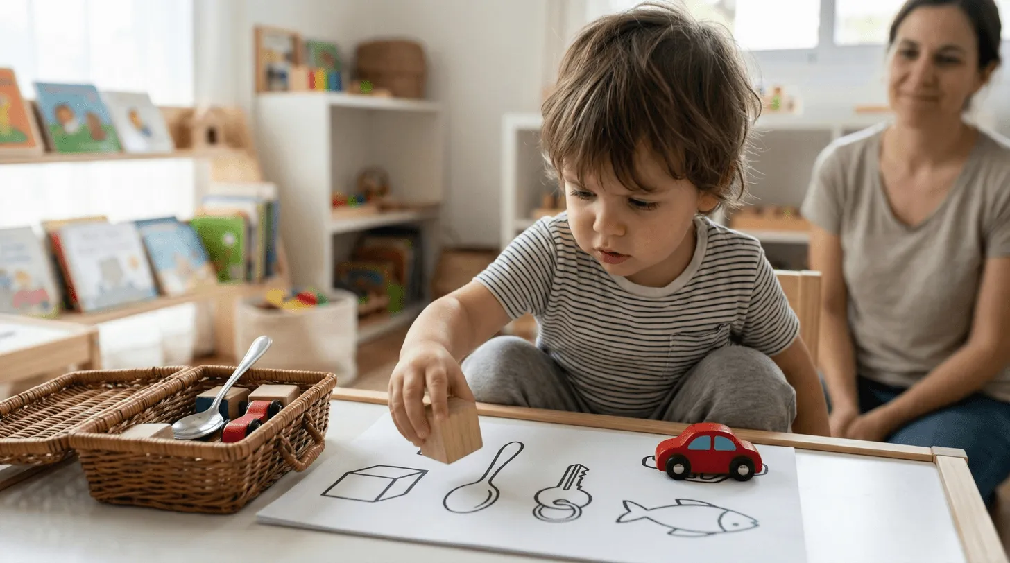 Un niño coloca un bloque de madera sobre una lámina mientras una adulta le observa, junto a una estantería con libros.