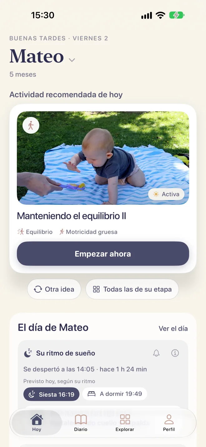 Pantalla Hoy de PapaKoala con la actividad recomendada y el ritmo de sueño.