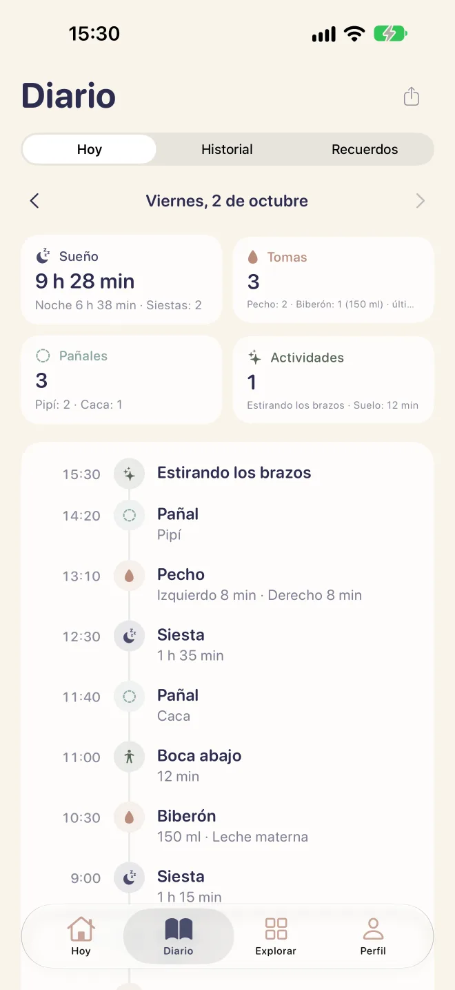 Diario de hoy con sueño, tomas, pañales y actividades.